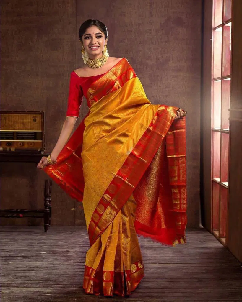 Saptarshi By Aab Orange Heavy Soft Lichi Silk Sarees Catalog